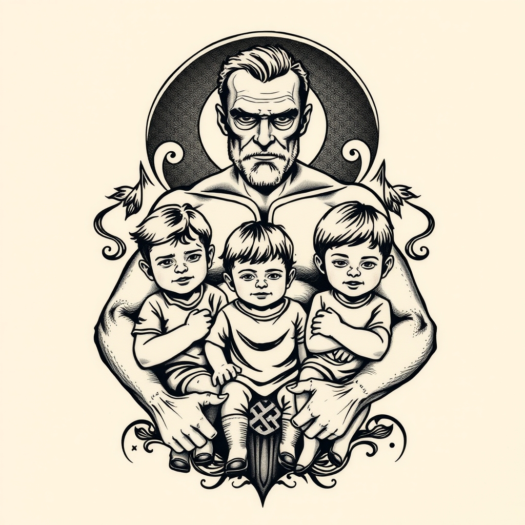 A tattoo design of A father protecting his 3 kids in the style of blackwork. - family scene tattoo design generated by AI tattoo generator
