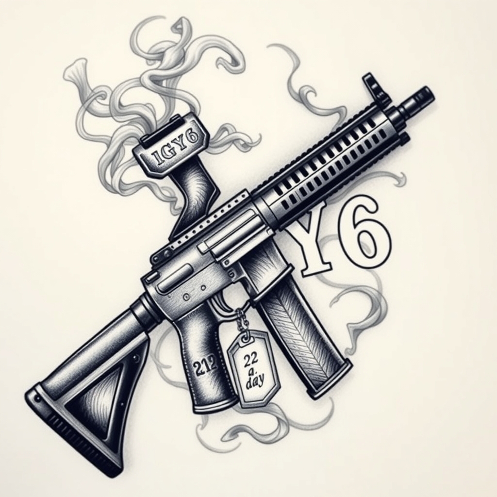 A tattoo design of Vertical M4 Carbine with detailed barrel, tactical rail, and collapsible stock Dense, curling smoke rising from the barrel, drifting around the rifle and weaving through the IGY6 lettering Bold, vertical “IGY6” aligned beside the rifle, smoke integrated Two dog tags hanging mid-stock, one engraved with “22 a day” in military-style font Subtle semicolon (";") positioned directly under the “6,” nestled beneath the dog tags in the style of realistic. - firearm memorial tattoo design generated by AI tattoo generator