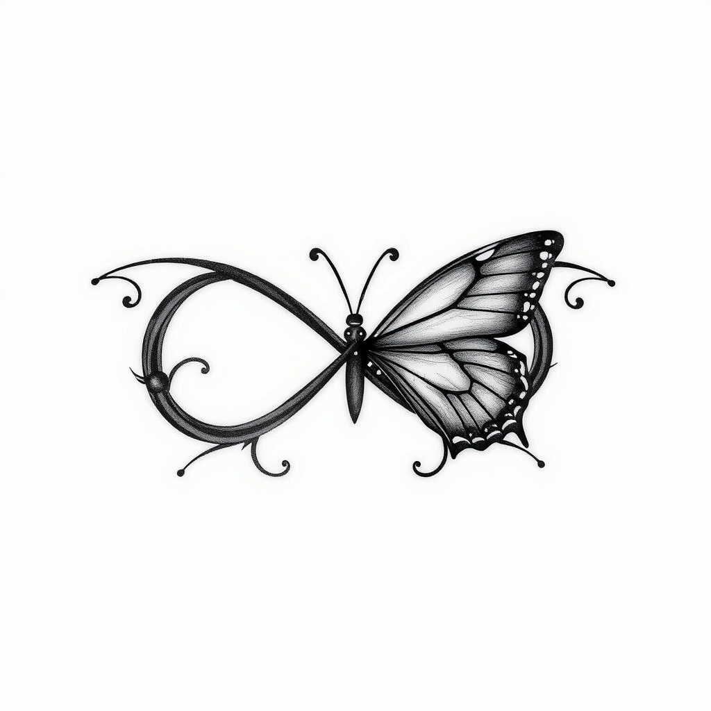 A tattoo design of Infinity symbol namne Aaron whith butterfly in the style of blackwork. - symbol with name and butterfly tattoo design generated by AI tattoo generator