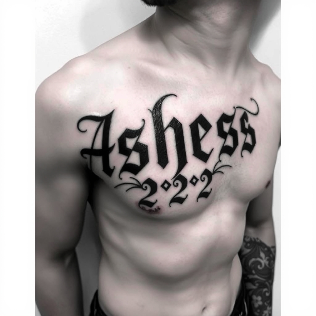 A tattoo design of Words "Ashes 222 Ashes" on left pectoralis in the style of blackwork. - text tattoo design generated by AI tattoo generator