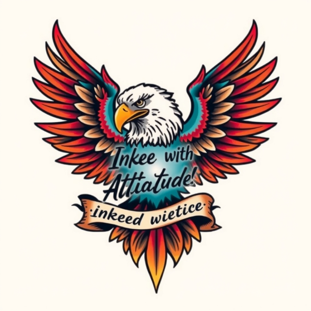 A tattoo design of create an image of a wicked colorful eagle with the phrase "Inked with Attitude!" included in a traditional sailor jerry tattoo style in the style of tribal. - eagle tattoo tattoo design generated by AI tattoo generator