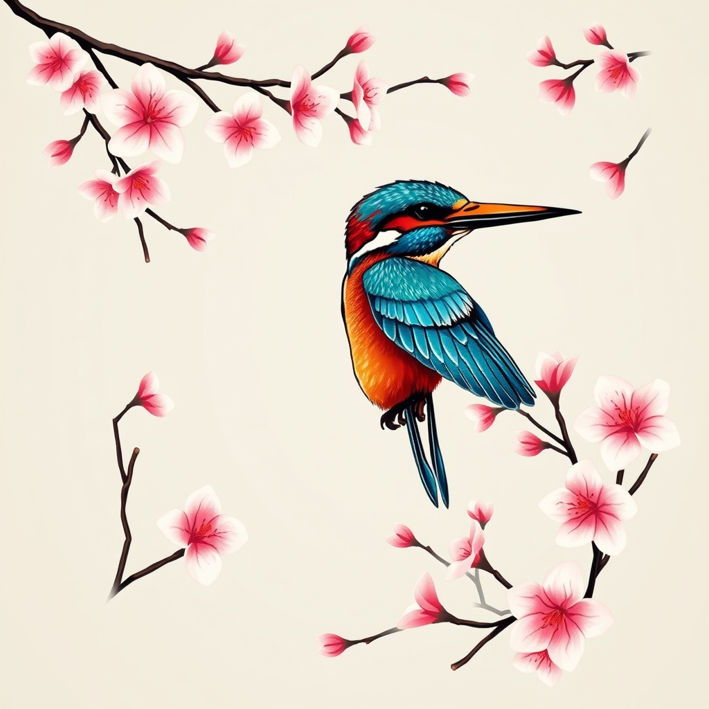 A tattoo design of Kingfisher in flight surrounded by cherry blossoms in colour in the style of abstract. - birds and flowers tattoo design generated by AI tattoo generator