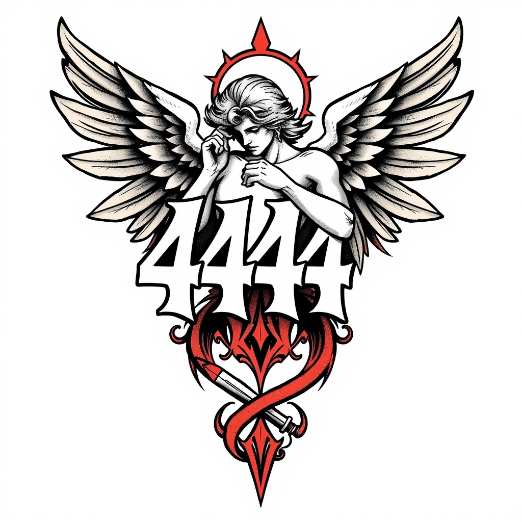 A tattoo design of Masculine angel with the number 444 in the style of traditional. - angels tattoo design generated by AI tattoo generator