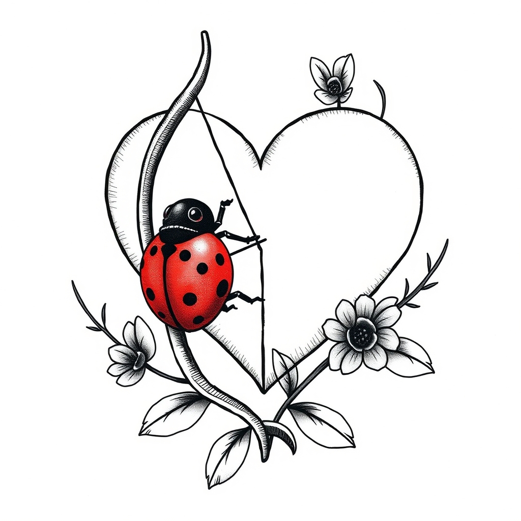A tattoo design of love heart archery bow ladybug in the style of blackwork. - symbolic animals tattoo design generated by AI tattoo generator