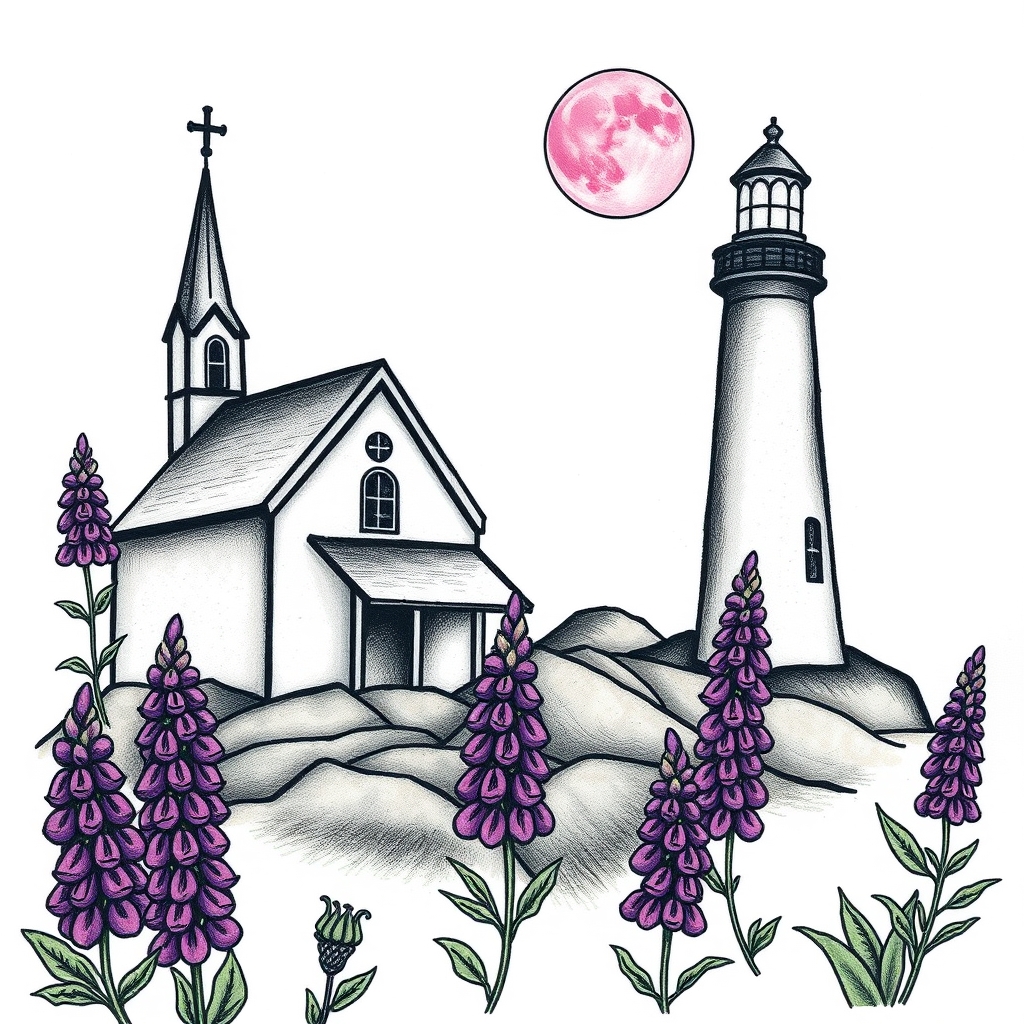 A tattoo design of Chapel and a lighthouse beside it with a pink moon an purple lupines in the style of traditional. - landscapes architecture tattoo design generated by AI tattoo generator