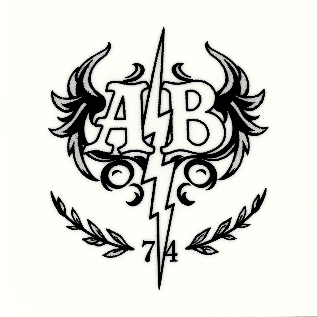 A tattoo design of Initials AB, year 74, lightning bolt in the style of traditional. - symbol tattoo design generated by AI tattoo generator