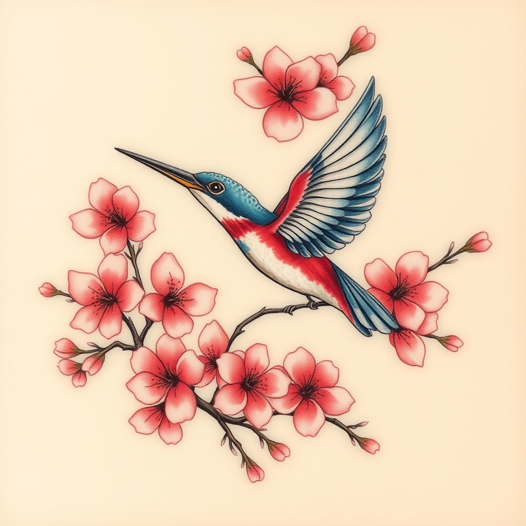 A tattoo design of Big quantities of cherry blossoms with flying kingfisher in the style of watercolor. - nature tattoo design generated by AI tattoo generator