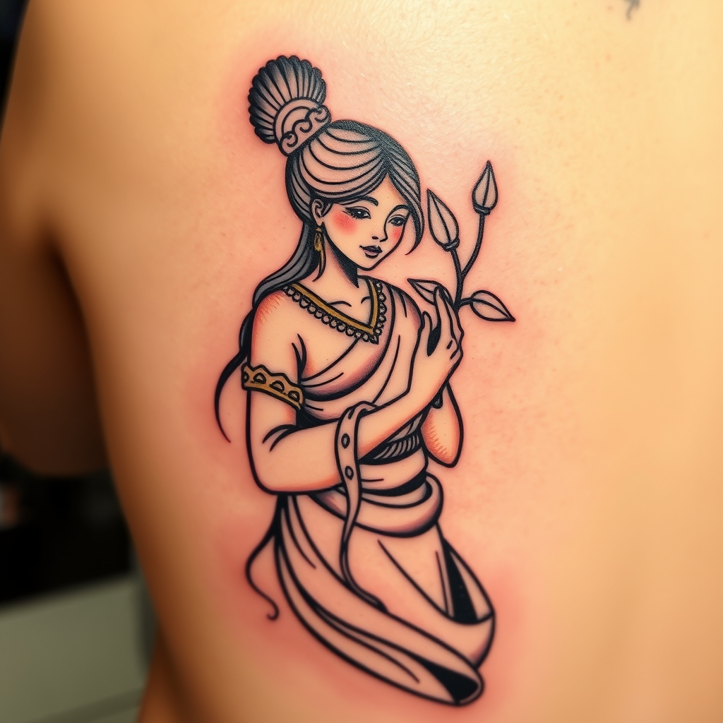 A tattoo design of Woman carrying a sprouting seed in the style of traditional. - nature tattoo design generated by AI tattoo generator