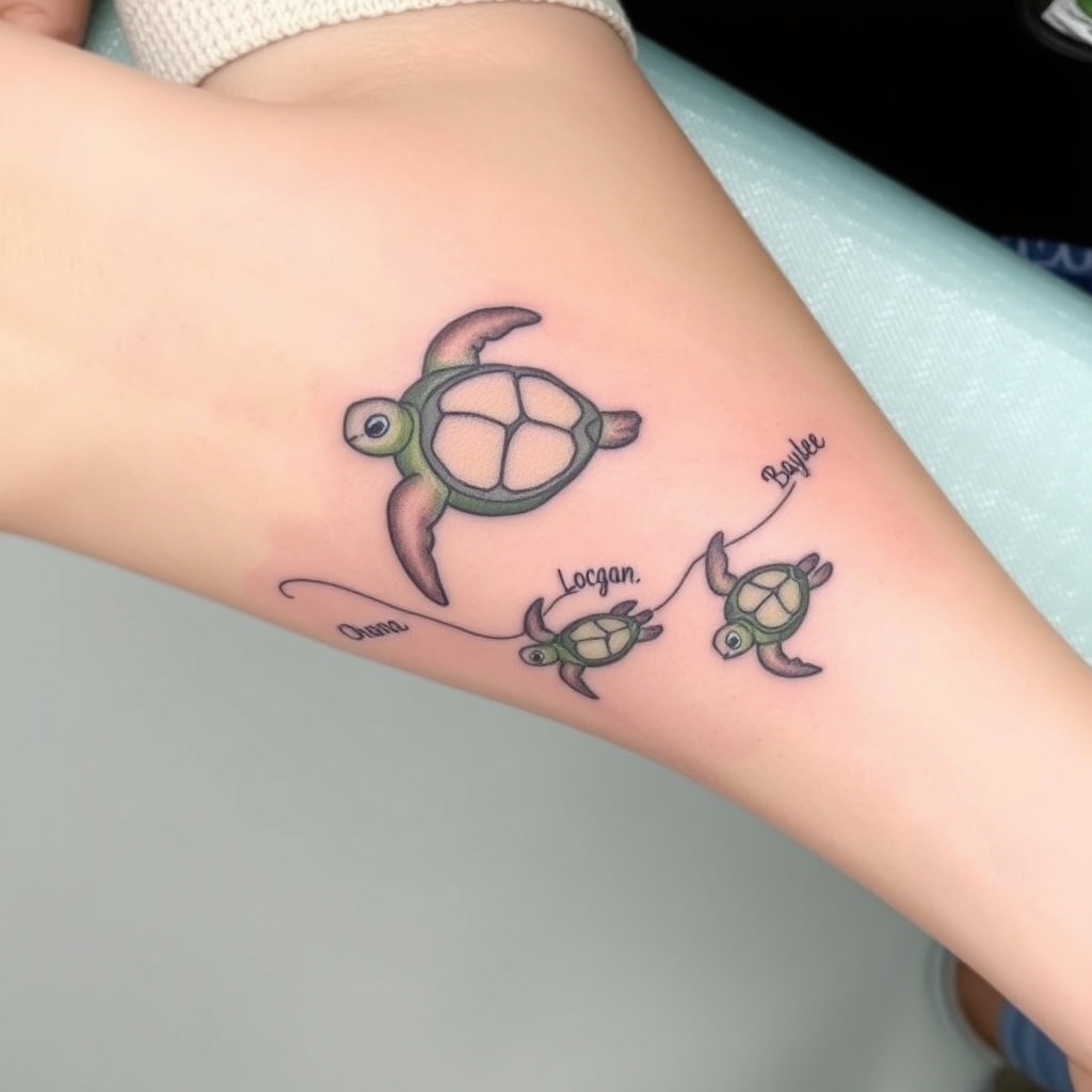 A tattoo design of I want a custom forearm tattoo featuring a momma sea turtle and three baby turtles, inspired by the characters from Finding Nemo—cute, rounded, with expressive features. At the top of the design, near my elbow, I want the word ‘Ohana’ in a script that curves around my arm slightly. The momma turtle will lead the way, and behind her, the three baby turtles will swim in a flowing line toward my wrist. I’d like a stream of water that weaves between and around all the turtles to connect them, giving it movement and a sense of journey. The names Ana, Logan, and Baylee should be placed just beside each baby turtle—not on the shells—and written in a delicate script font. For colors, I prefer a limited palette: muted seafoam and olive greens for the turtles, light teal or watercolor blue for the stream, and sandy beige or soft gray for the names and ‘Ohana.’ The overall style should feel soft and elegant with fine lines, but still playful like the turtles in Finding Nemo. It should flow naturally with the shape of my right forearm in the style of surrealistic. - sea turtles tattoo design generated by AI tattoo generator