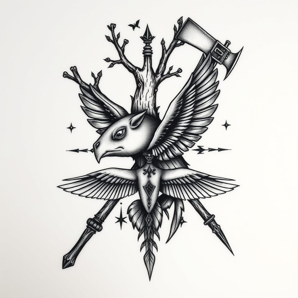A tattoo design of Lebensbaum , Rabe , Fledermaus , Axt in the style of blackwork. - mythical creatures tattoo design generated by AI tattoo generator