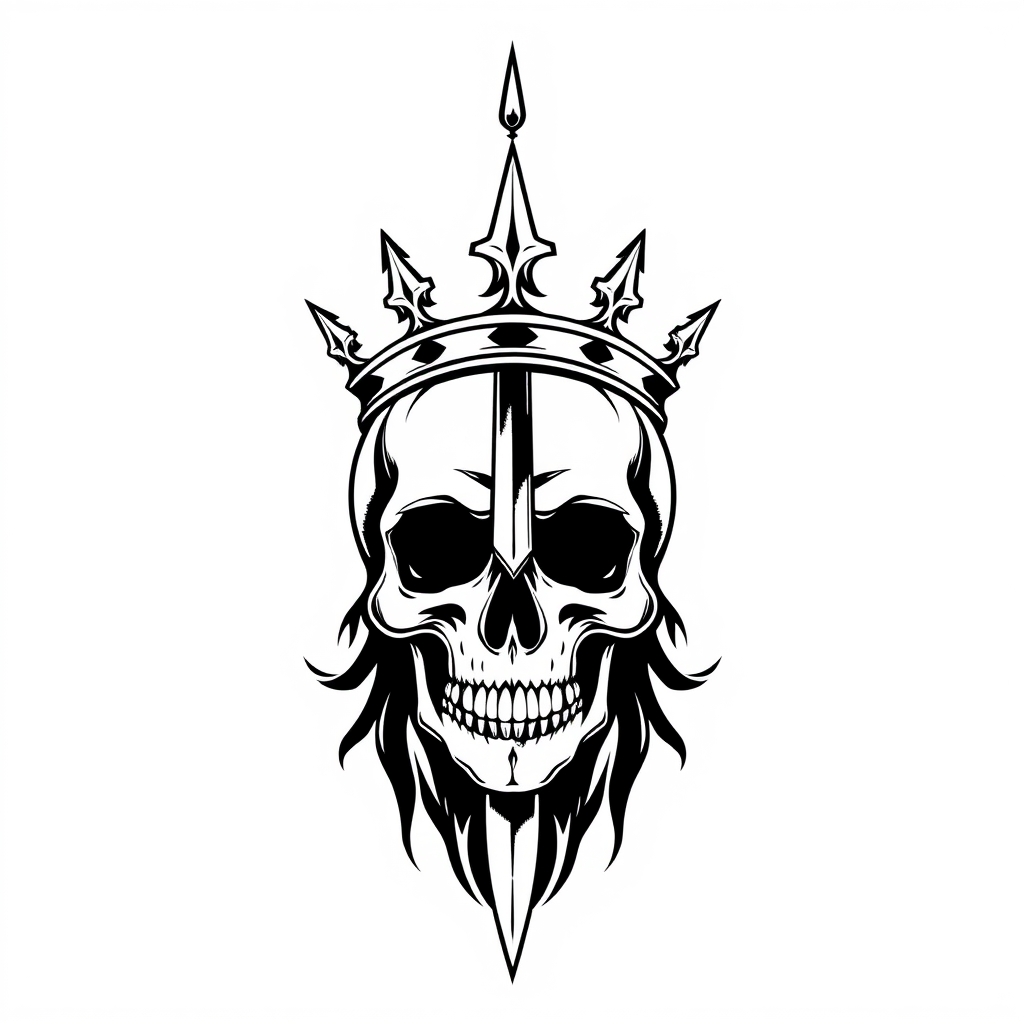 A tattoo design of Skull wearing a crown with a knife through it's eye in the style of minimalist. - death symbol tattoo design generated by AI tattoo generator