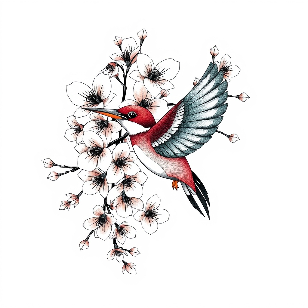A tattoo design of Bunches of cherry blossoms with kingfisher in flight in the style of geometric. - natural world tattoo design generated by AI tattoo generator