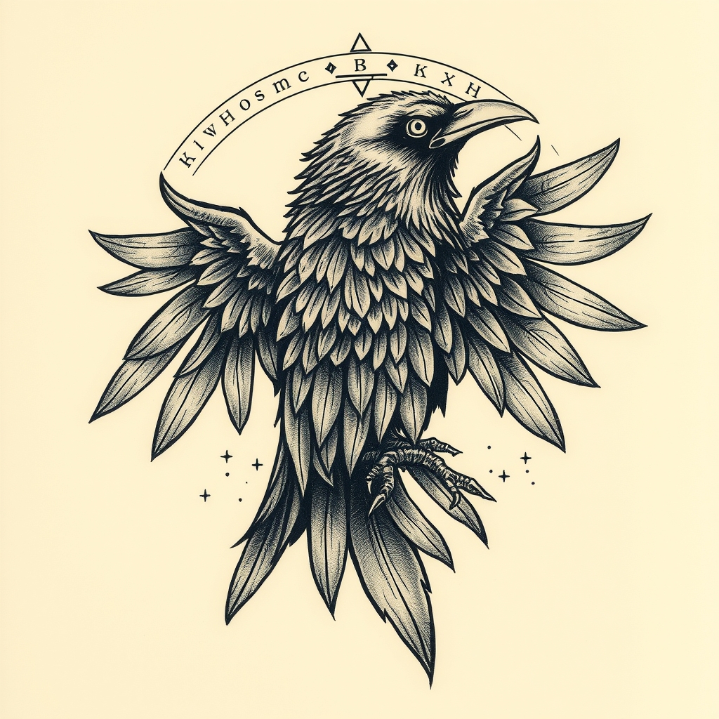 A tattoo design of Raven With Viking Runes in the style of surrealistic. - mythology mythology symbols tattoo design generated by AI tattoo generator