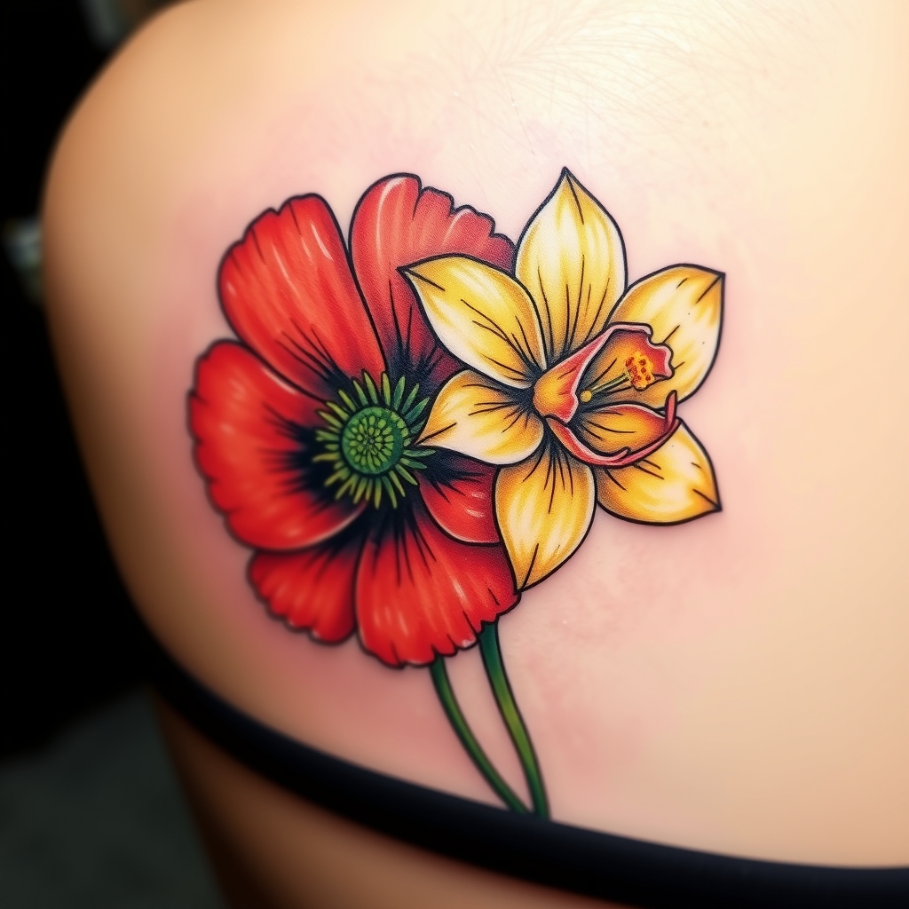 A tattoo design of create a tattoo of a poppy and narcissus flower next to each other in one in the style of realistic. - flowers tattoo design generated by AI tattoo generator