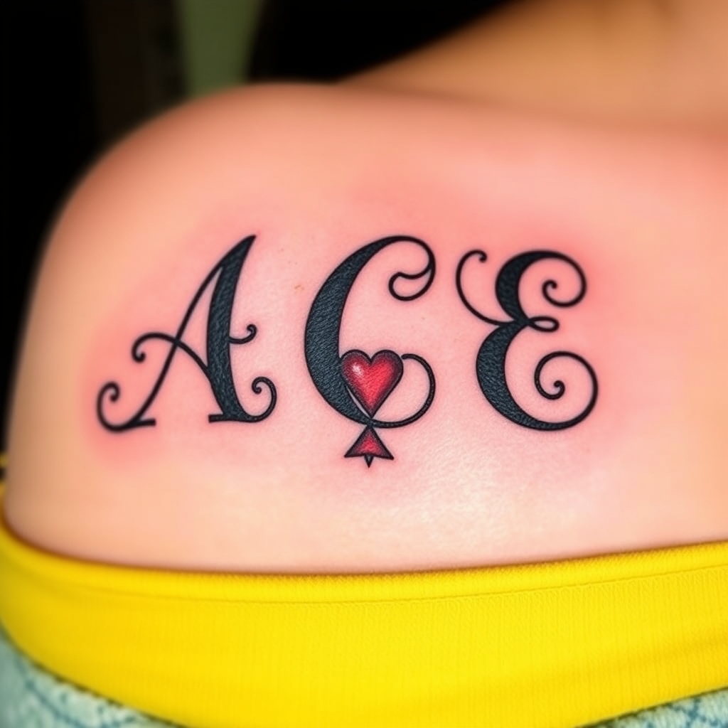 A tattoo design of Use the letters A, C and E, to create a tattoo that symbolizes my wife, Cristina and daughters Eloise and Aubrey. Consider incorporating an Ace of hearts or similar in the style of realistic. - initials and names tattoo design generated by AI tattoo generator
