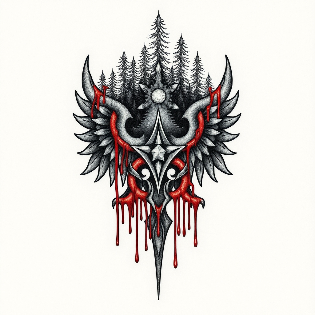 A tattoo design of Valkyrie symbol covered in forest, on top on the symbol there should be blood that goes down to the bottom of the symbol in style of trashpolka in the style of traditional. - mythology tattoo design generated by AI tattoo generator