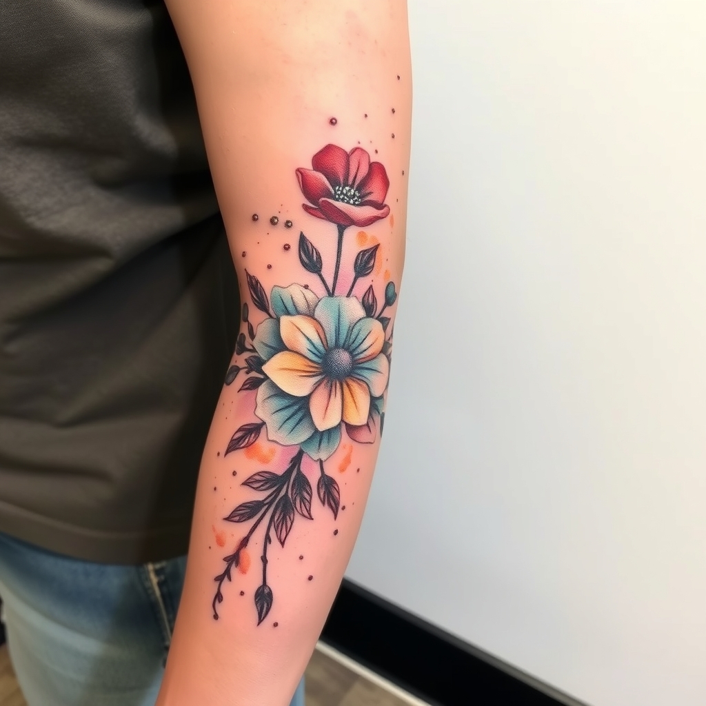 A tattoo design of all left arm tattooed in the style of watercolor. - full sleeve tattoo design generated by AI tattoo generator