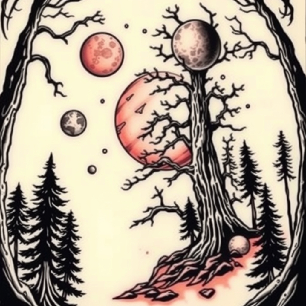 A tattoo design of Scary Forest and planets in the style of traditional. - space art tattoo design generated by AI tattoo generator