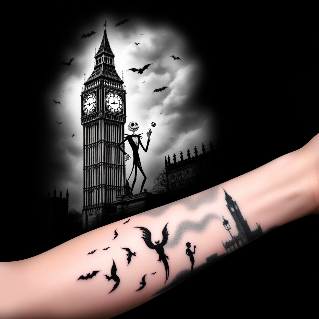 A tattoo design of 1. Big Ben (Shoulder)  Rendered in intricate black and grey with detailed architecture.  Clock set to 10:23.  Looming against a misty, clouded night sky with scattered bats flying by.  Use subtle shadowing to give it a towering, eerie vibe, Jack Skellington & Oogie Boogie with dice in one hand.  Incorporate faint swirls or smoke to blend his form with the surrounding shadows. lower Arm/Wrist  London cobblestone street fading into fog with footprints or skeletal handprints.  Lamp posts glowing faintly in the distance.  Possibly integrate bats or wisps flowing down toward the wrist. Use High contrast shading to dramatize the night atmosphere.  Textural contrasts (brick, fog, burlap, bones) to keep it visually engaging across the sleeve. in the style of minimalist. - london cityscape tattoo design generated by AI tattoo generator