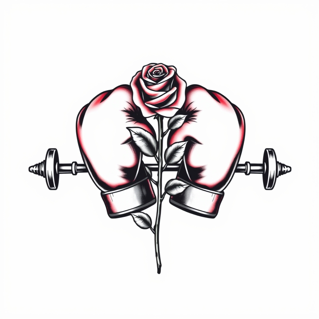 A tattoo design of A pair of boxing gloves with a single rose and a barbell in the style of realistic. - sports equipment tattoo design generated by AI tattoo generator