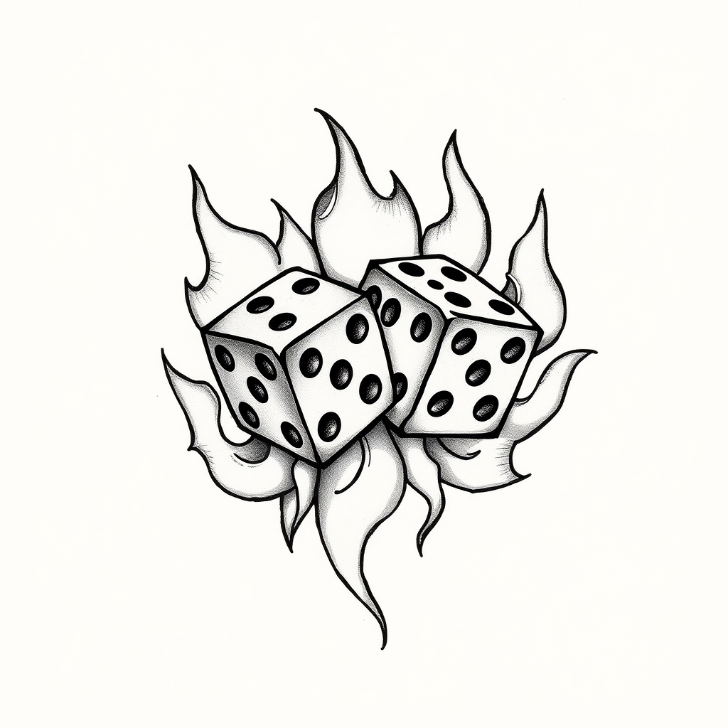 A tattoo design of two dice on flames in the style of blackwork. - gaming symbols tattoo design generated by AI tattoo generator