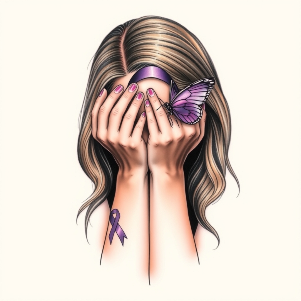 A tattoo design of Domestic violence ribbon awareness inclined together with a purple butterfly as a women hunched over her hands overing her face in the style of realistic. - social awareness tattoo design generated by AI tattoo generator