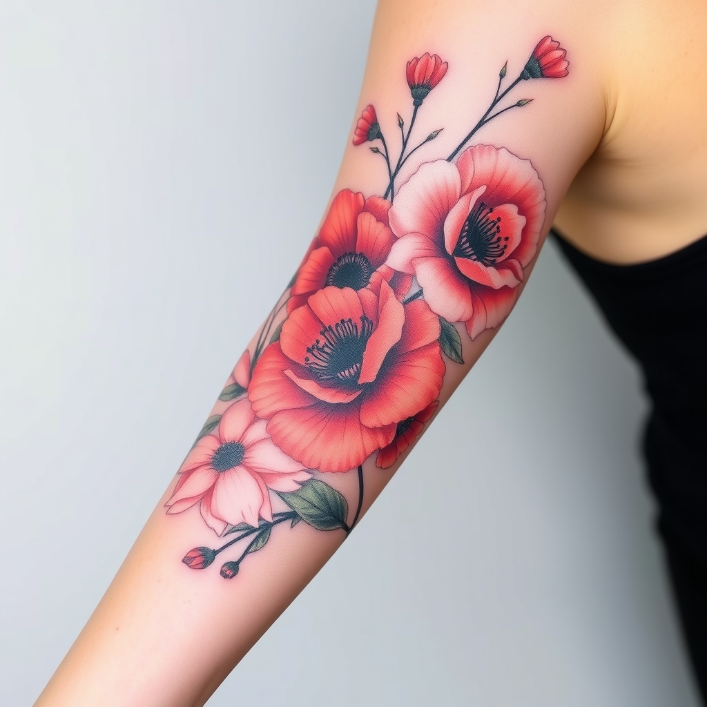 A tattoo design of arm sleave of Cherry blossoms with poppy flowers with scarlet carnation with white Cherokee rose and camellia in the style of realistic. - flowers tattoo design generated by AI tattoo generator