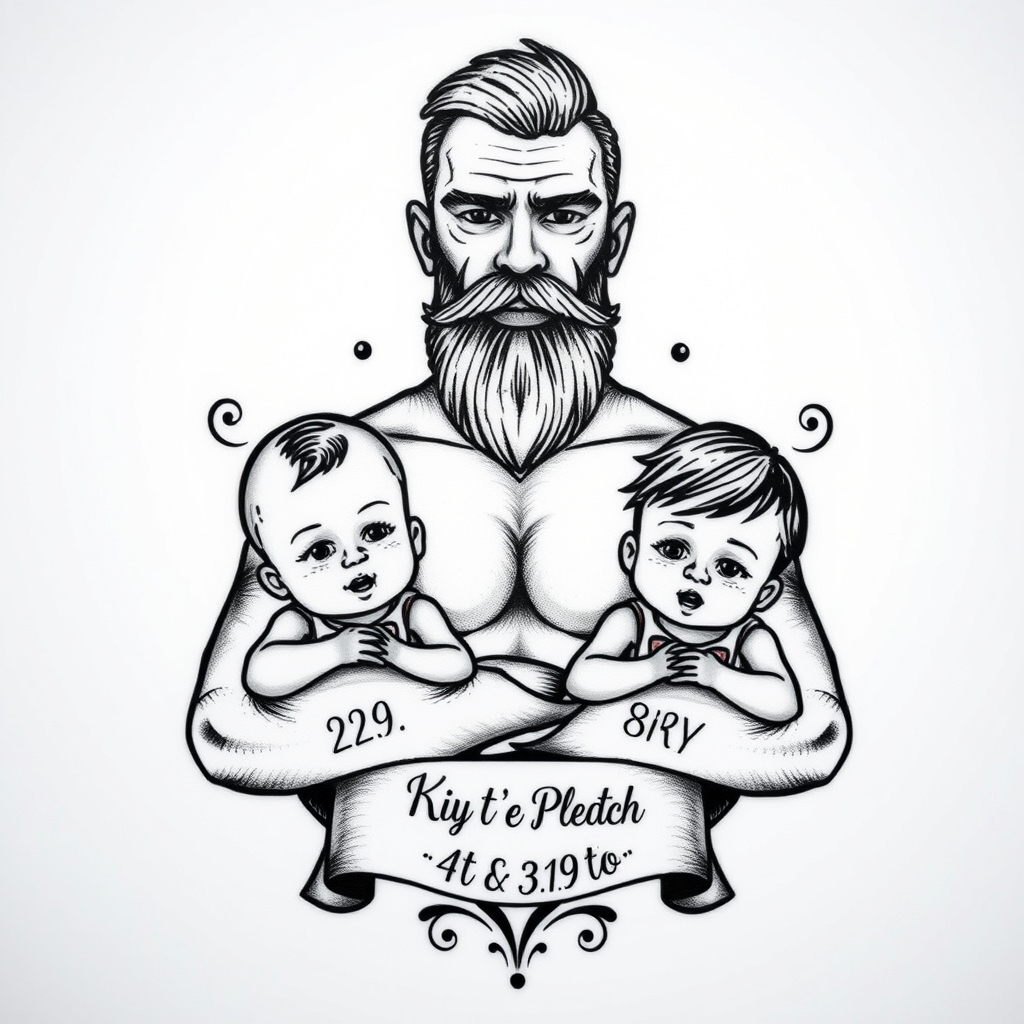 A tattoo design of A father with a goatee protecting his 3 kids showing their birthdays in the style of blackwork. - family portrait tattoo design generated by AI tattoo generator