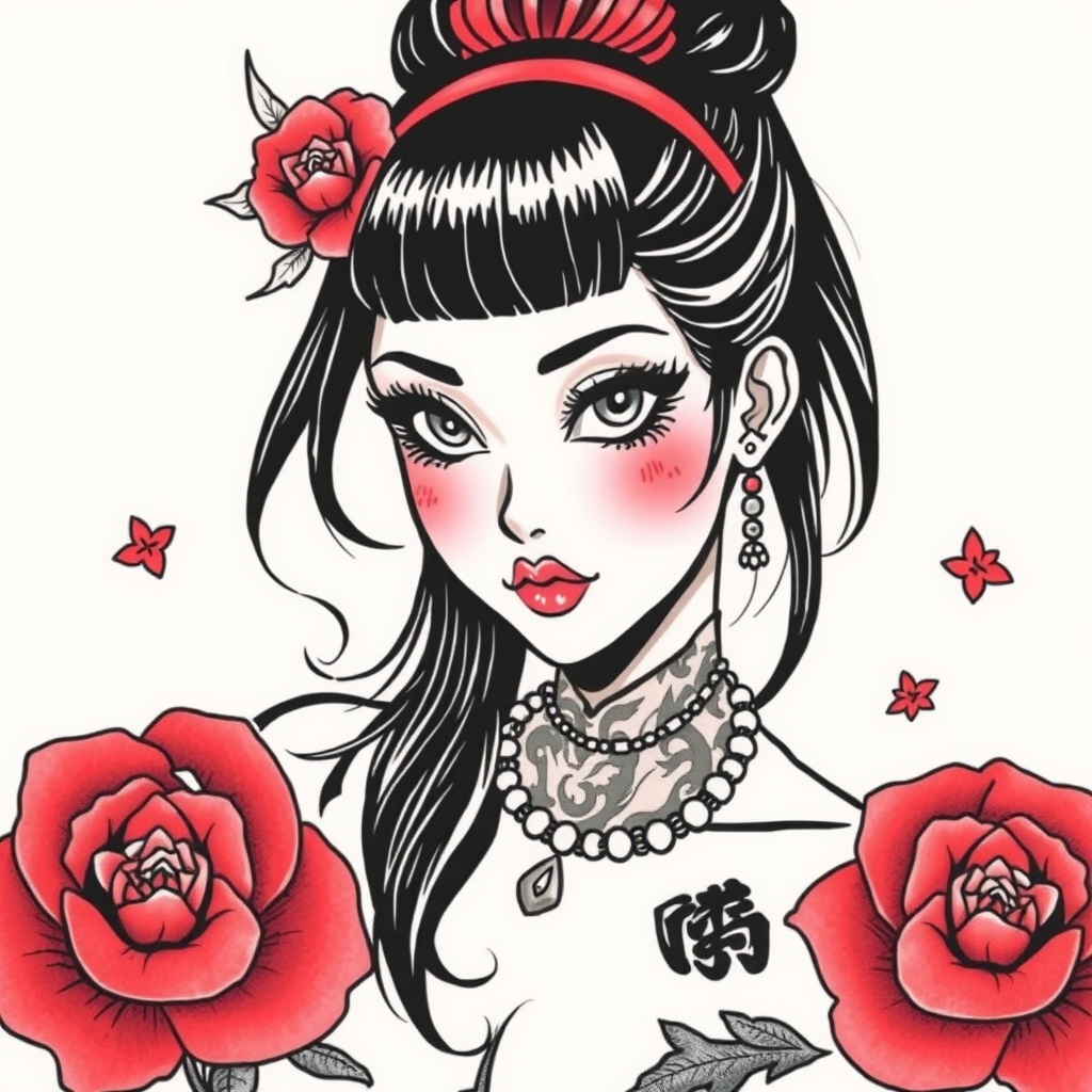 A tattoo design of Manga girl mad face in the style of traditional. - anime character tattoo design generated by AI tattoo generator