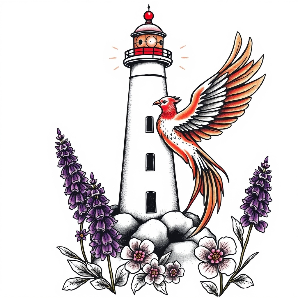 A tattoo design of  lighthouse with a phoenix an purple lupines   in the style of traditional. - mythical creatures tattoo design generated by AI tattoo generator