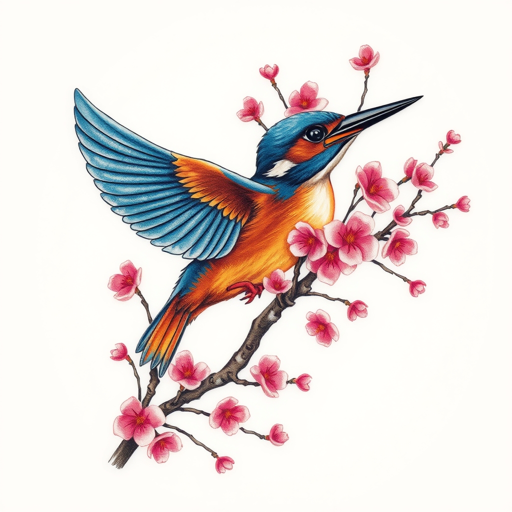 A tattoo design of blue and orange kingfisher in flight with pink cherry blossom tree in the style of surrealistic. - animals nature tattoo design generated by AI tattoo generator