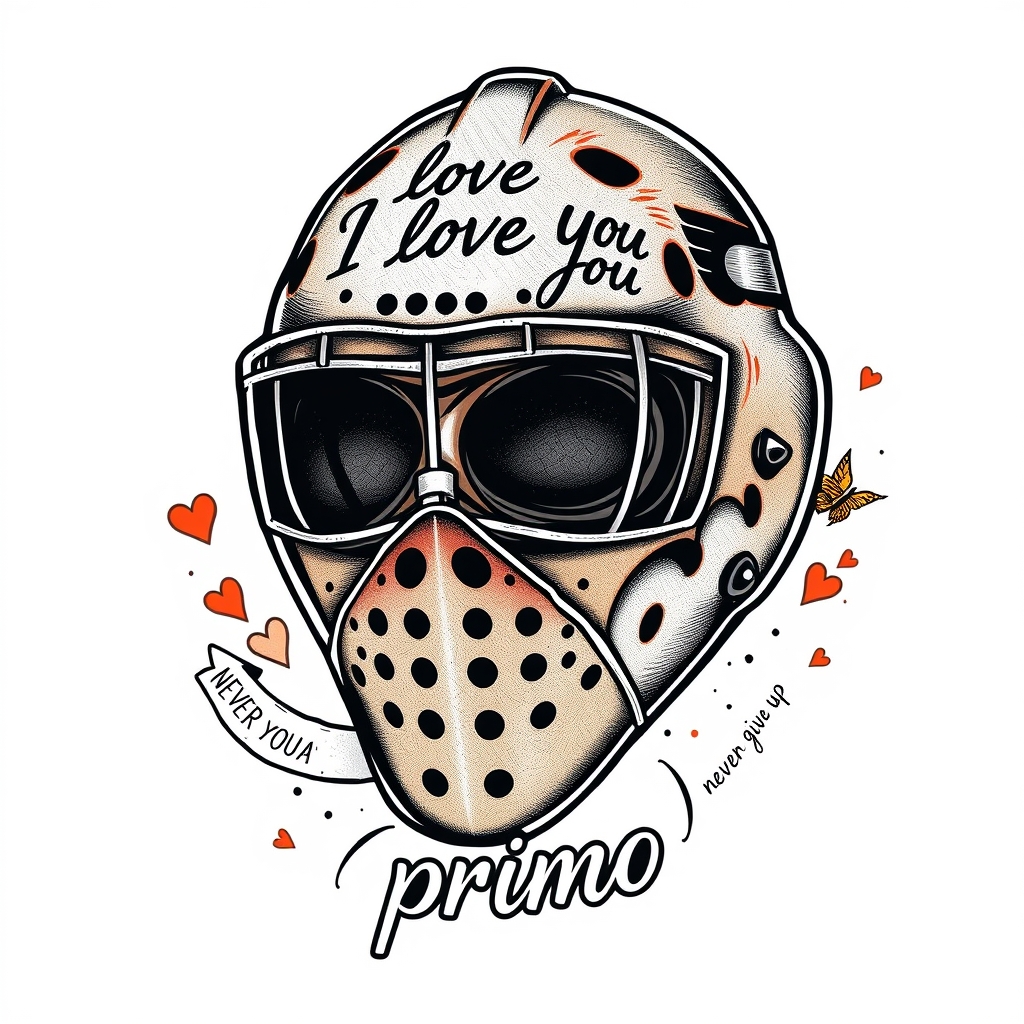A tattoo design of Bernie parent philadelphia flyers goalie mask with the phrase " I love you" " never give up " and the name " primo " in the style of surrealistic. - sports equipment tattoo design generated by AI tattoo generator