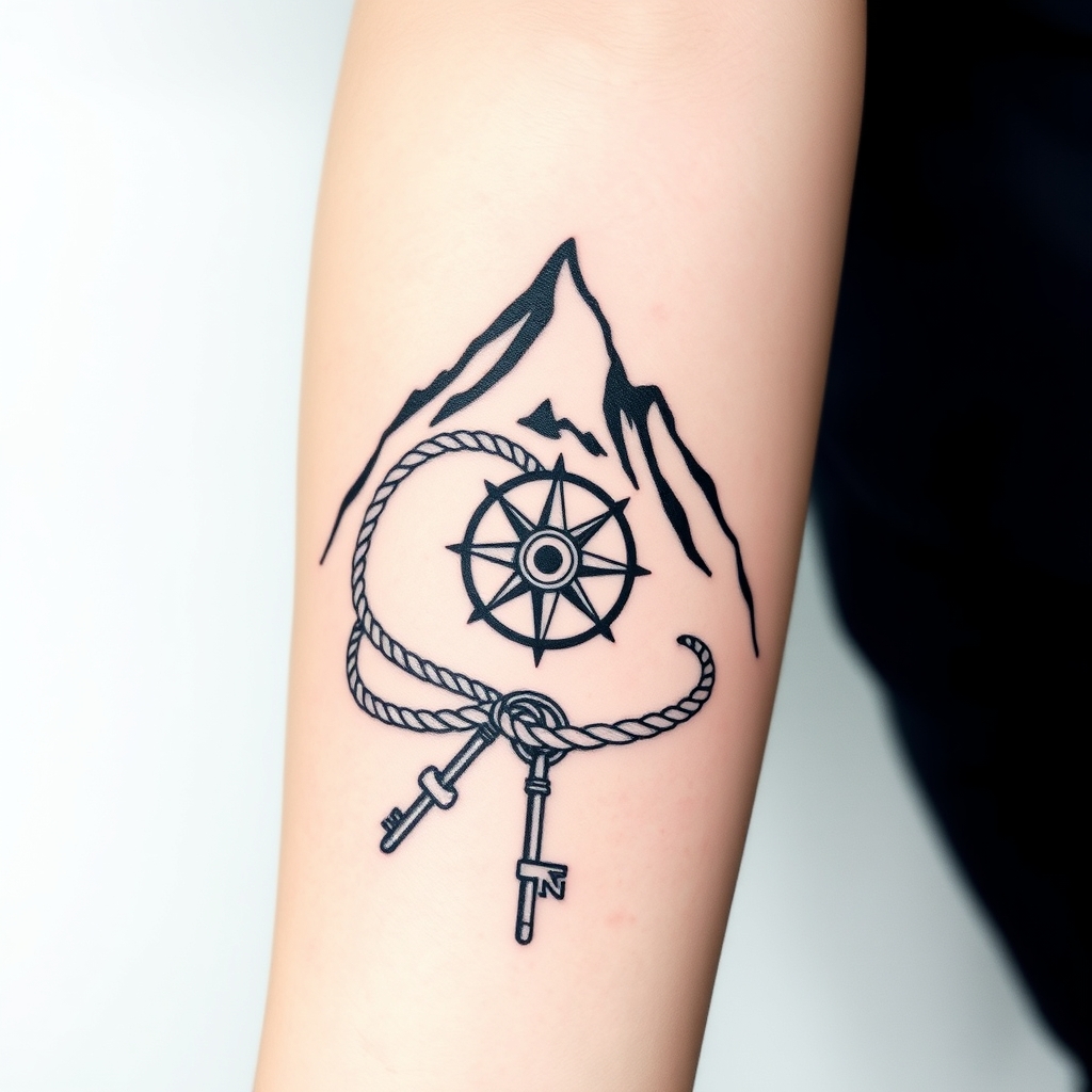 A tattoo design of Minimal Appalachian mountain silhouette — clean lines, ready for your artist to add watercolor shading Climbing rope spiral — simple fine-line rope winding up the mountain ✅ Split strands — 3 near the peak with small handwritten B, A, and N initials next to each strand ✅ Tiny key tucked along the rope ✅ Compass rose at the summit with “Joffe” written in the center ✅ Sized to fit the forearm, with a long vertical flow in the style of realistic. - mountain climbing tattoo design generated by AI tattoo generator