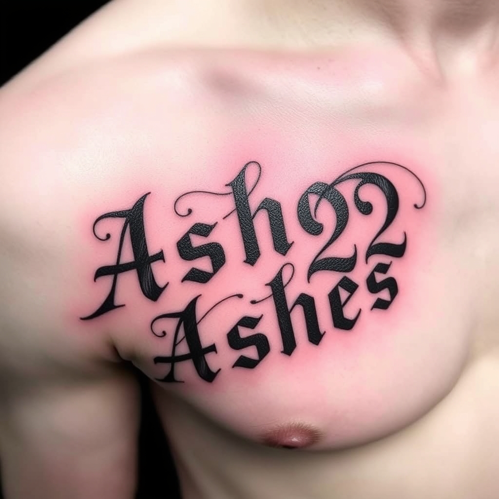 A tattoo design of Words "Ashes 222 Ashes" on left pectoralis in the style of blackwork. - text symbol tattoo design generated by AI tattoo generator
