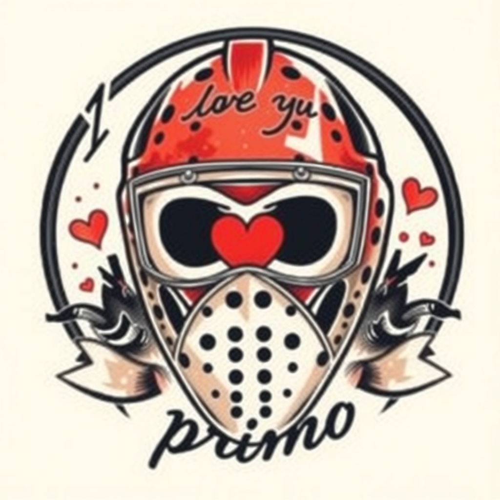 A tattoo design of Bernie parent goalie mask with the phrase " I love you" " never give up " and the name " primo " in the style of realistic. - sports equipment tattoo design generated by AI tattoo generator