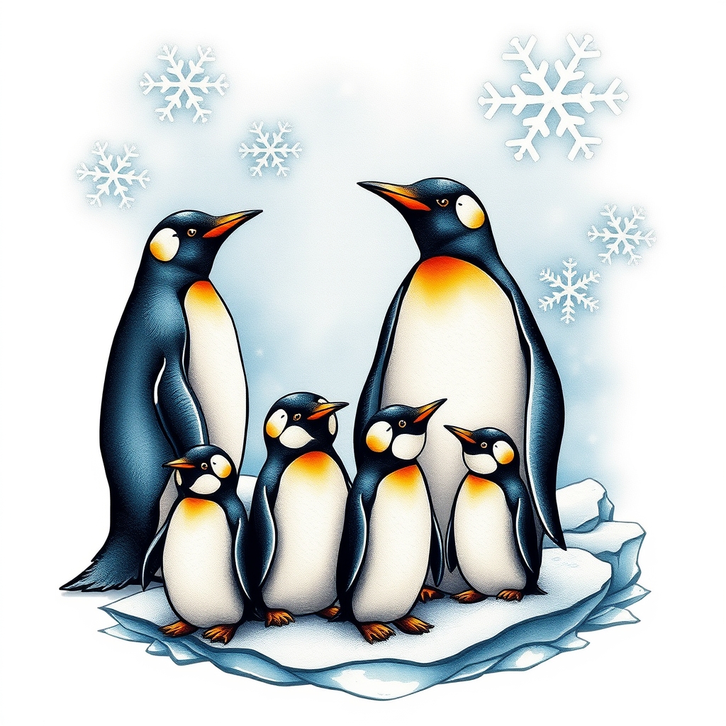 A tattoo design of A stylized penguin family in an icy landscape with fractal snowflakes in the style of realistic. - wildlife tattoo design generated by AI tattoo generator