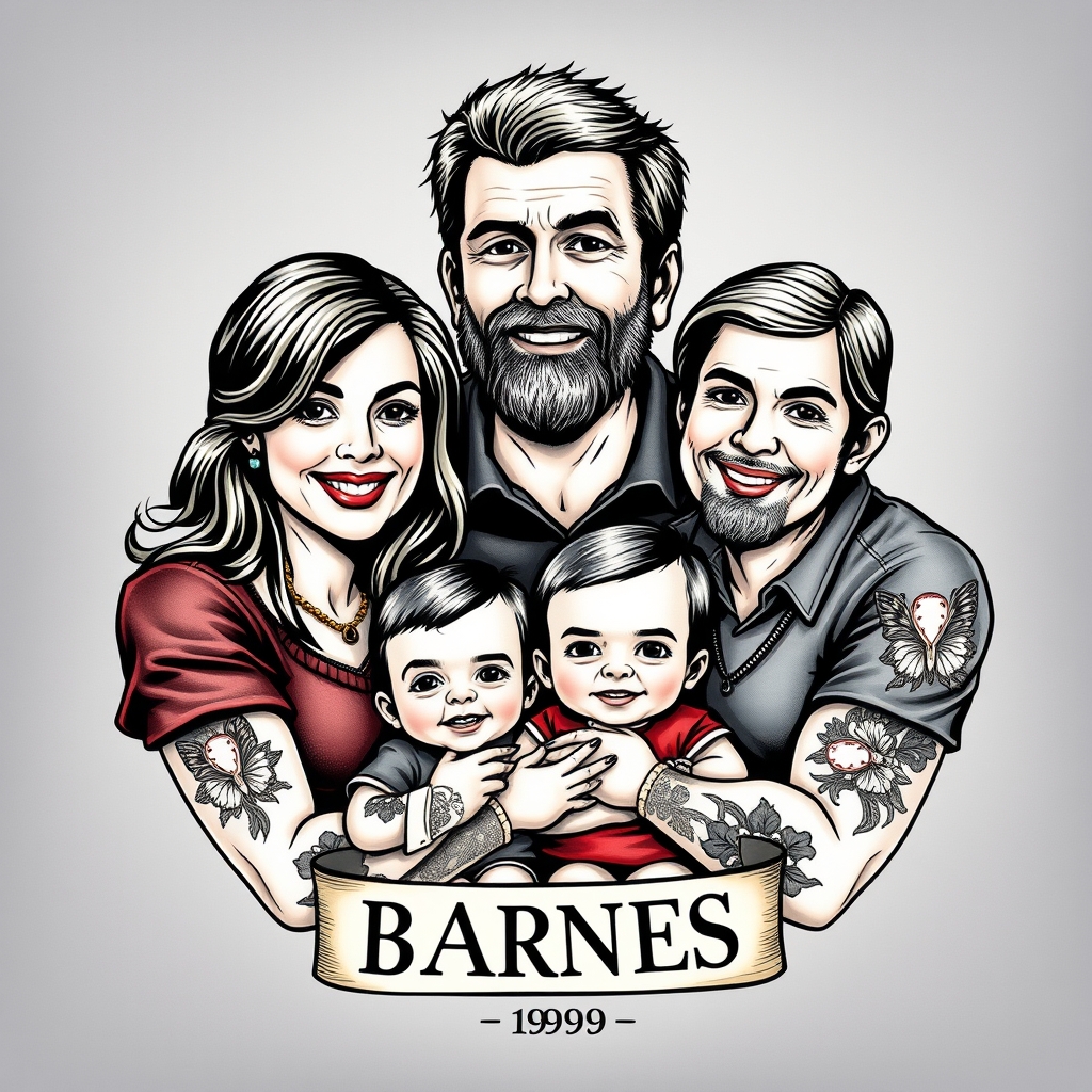 A tattoo design of Barnes, with wife and 3 kids established 1996 in the style of realistic. - family tattoo design generated by AI tattoo generator