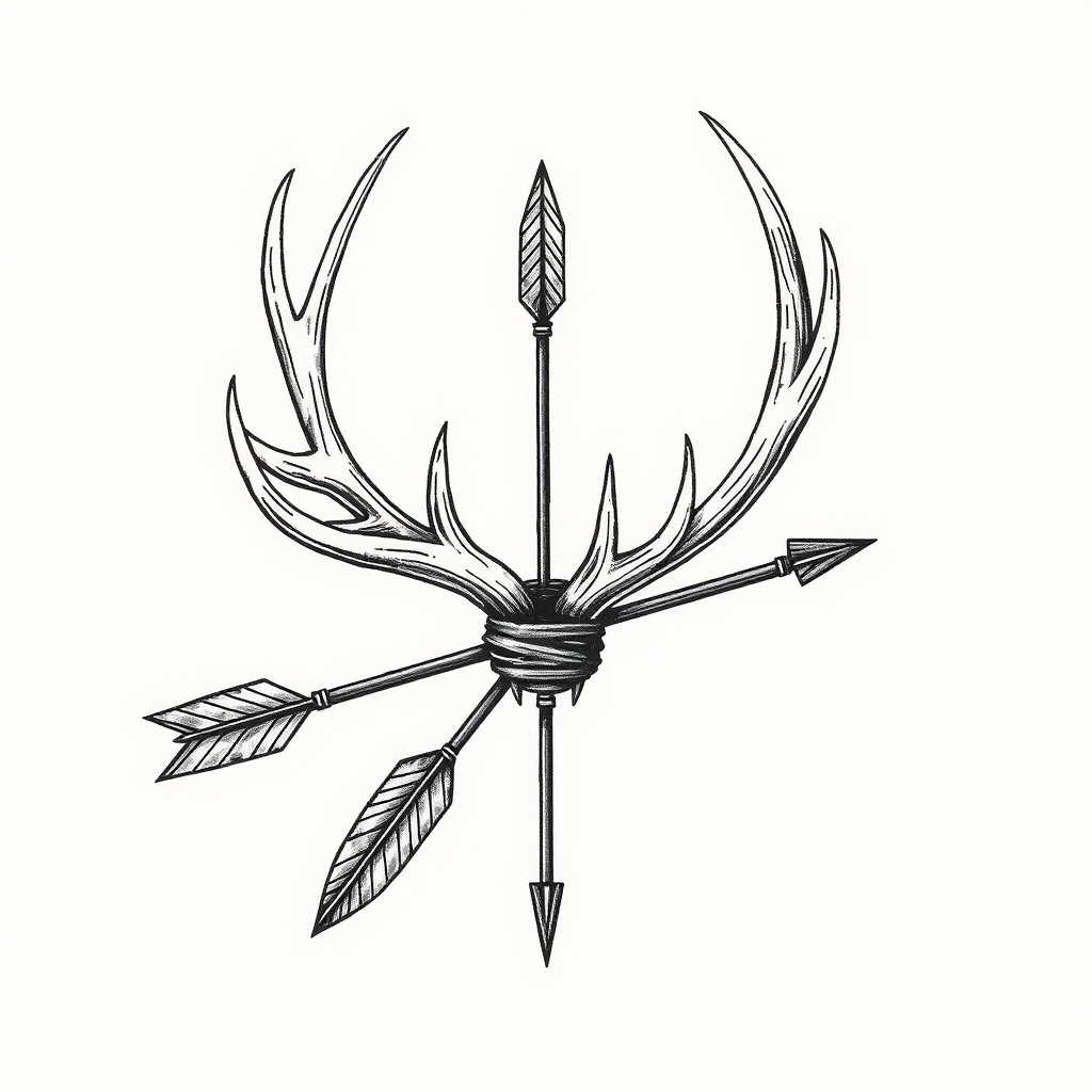 A tattoo design of 1 elk antler wrapped around 1 arrow in the style of realistic. - wildlife hunting tattoo design generated by AI tattoo generator