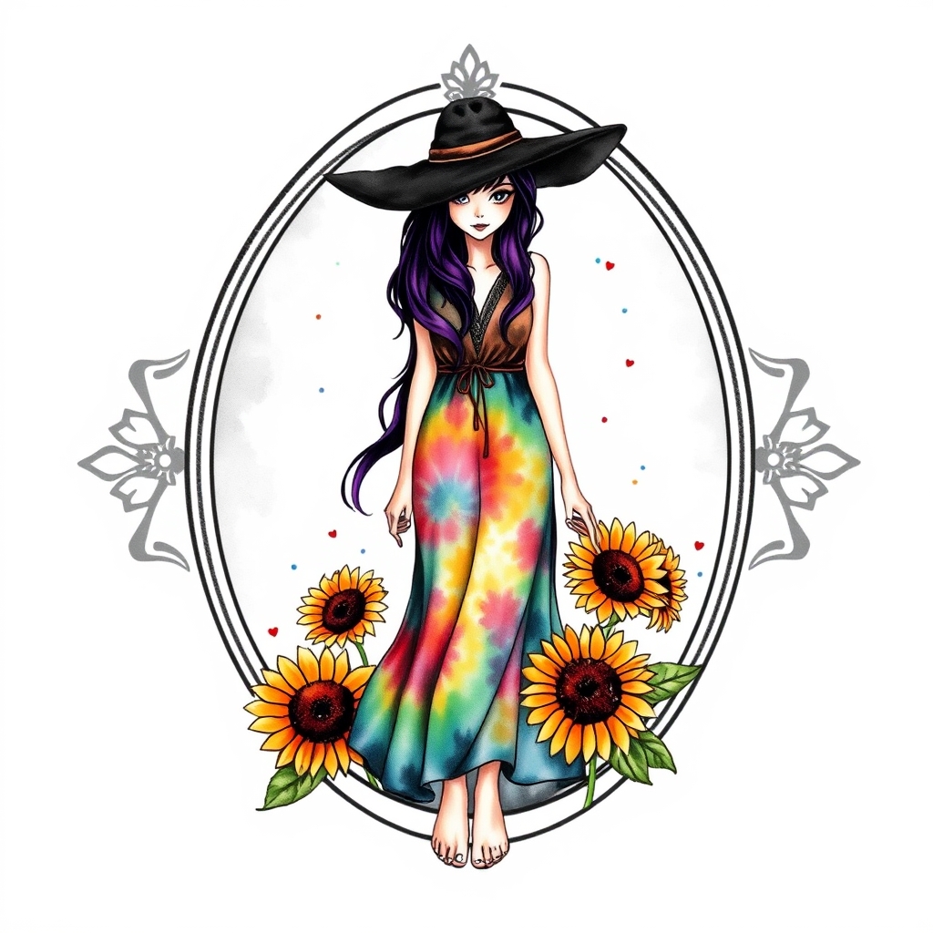 A tattoo design of Hippy fairy, dark purple hair, black floppy hat, long tie dye dress, bare feet with sunflowers framed in oval picture frame  in the style of watercolor. - mythical creatures tattoo design generated by AI tattoo generator