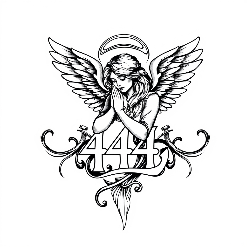 A tattoo design of An angel with the number 444 in the style of blackwork. - spiritual symbol tattoo design generated by AI tattoo generator