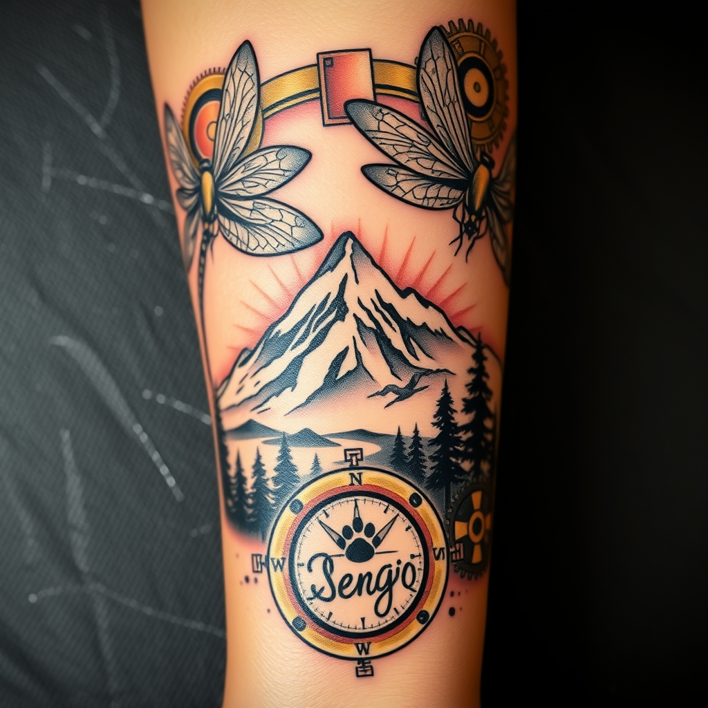 A tattoo design of A steampunk-inspired tattoo designed for the forearm, featuring intricate brass and copper gears as the background. Three metallic dragonflies with mechanical wings fly across the composition. A majestic mountain range rises above a forest and lake labeled "Lake George." Behind the mountains, a glowing black and gray dog paw print acts as a radiant sun. A highly detailed compass sits closer to the wrist. Hidden subtly within the design, the name "Sergio" appears in childlike handwriting — etched into a tree trunk, blended in a gear, or hidden among sun rays. Tattoo is partially black and gray with accent colors of copper, brass, forest green, and light blue. in the style of surrealistic. - steampunk fantasy landscape tattoo design generated by AI tattoo generator