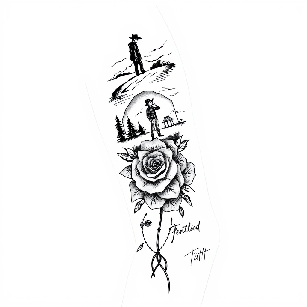 A tattoo design of [ Cowboy Sketch at Shoulder ]         ↓ [ Dad on Trail ⇒ Dust & Vine Start ]         ↓ [ Where’s Waldo mini-scene around Elbow ]         ↓ [ Roses bloom along Forearm ]         ↓ [ Final knot/quote at Wrist ] in the style of abstract. - arm sleeve tattoo design generated by AI tattoo generator