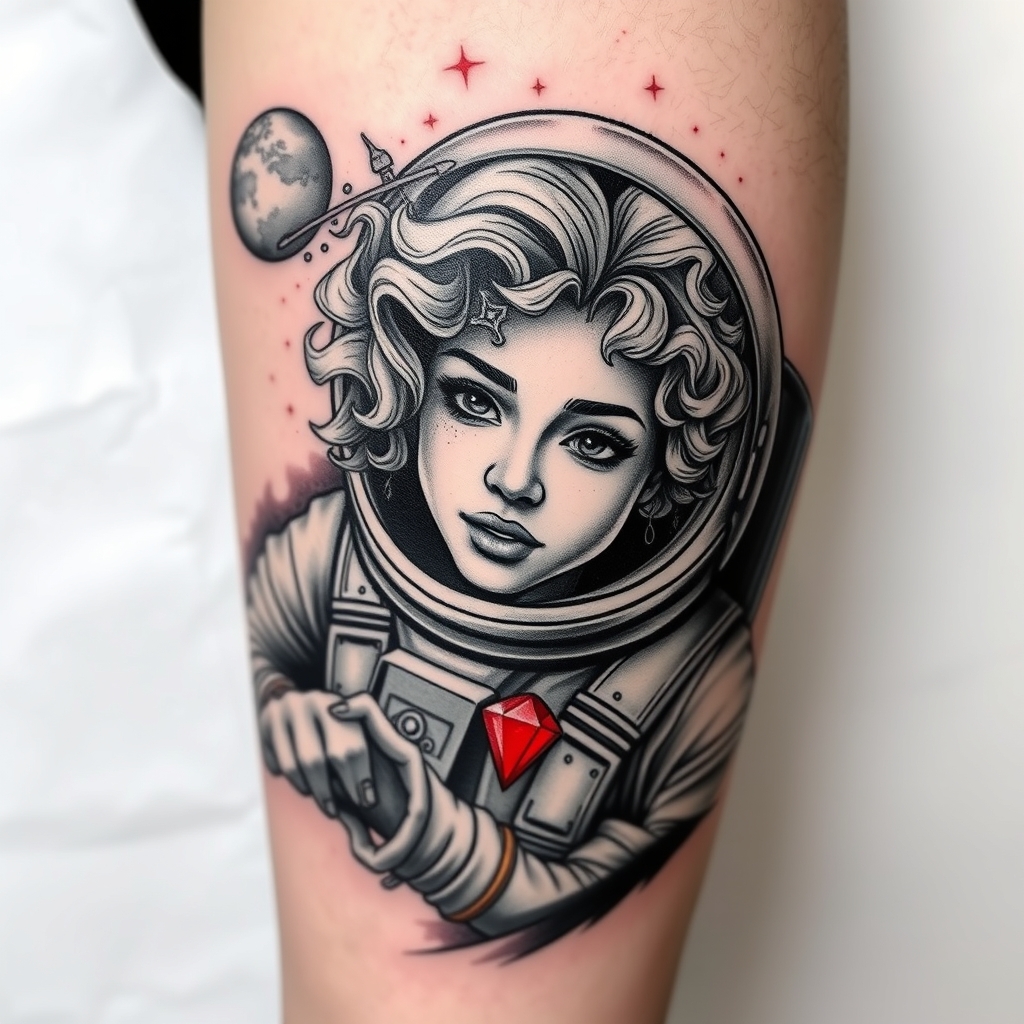 A tattoo design of Photorealistic black and grey space themed tattoo of light curly-haired female traveling through space. A bright red ruby, being the only color in yhe tattoo, shines red on her space suit. Include a Houston, Texas reference if possible.  in the style of traditional. - space travel tattoo design generated by AI tattoo generator