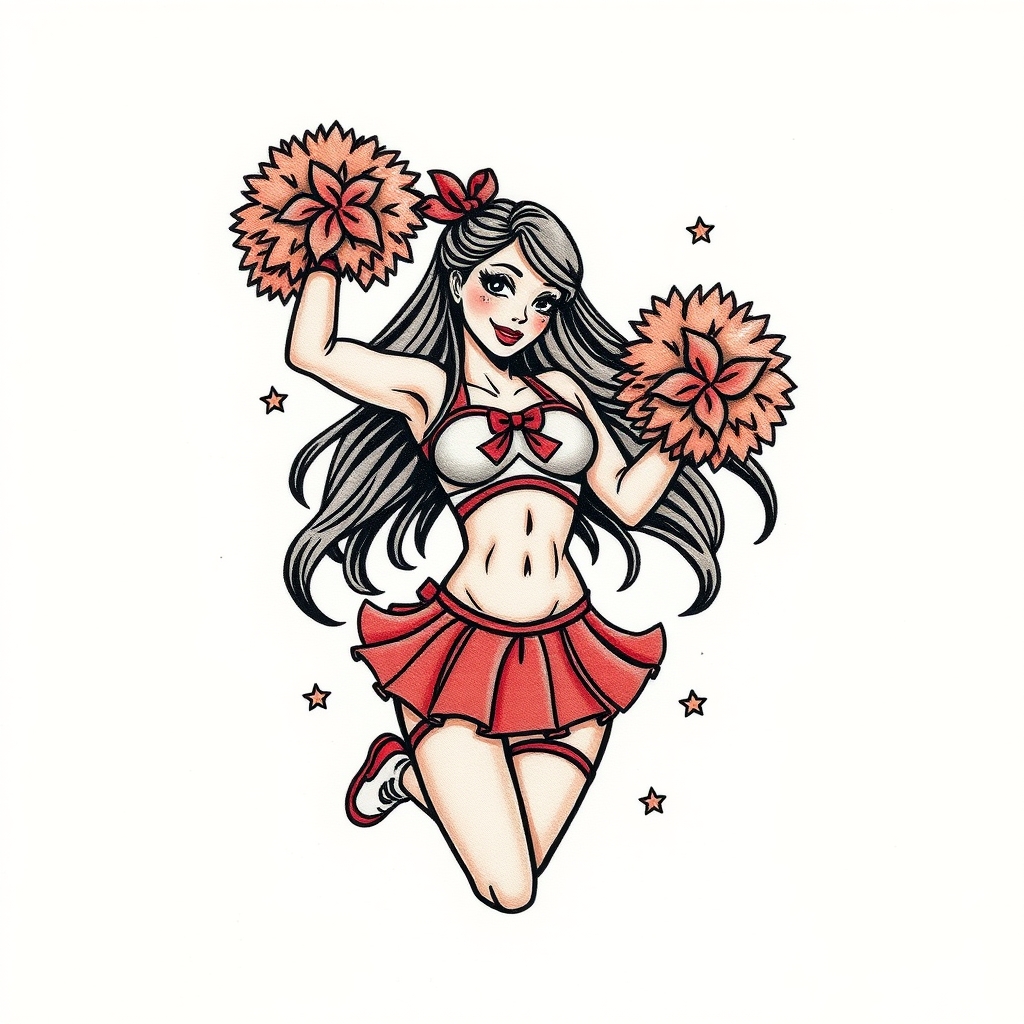 A tattoo design of Slutty cheerleader in the style of traditional. - erotic pin up tattoo design generated by AI tattoo generator