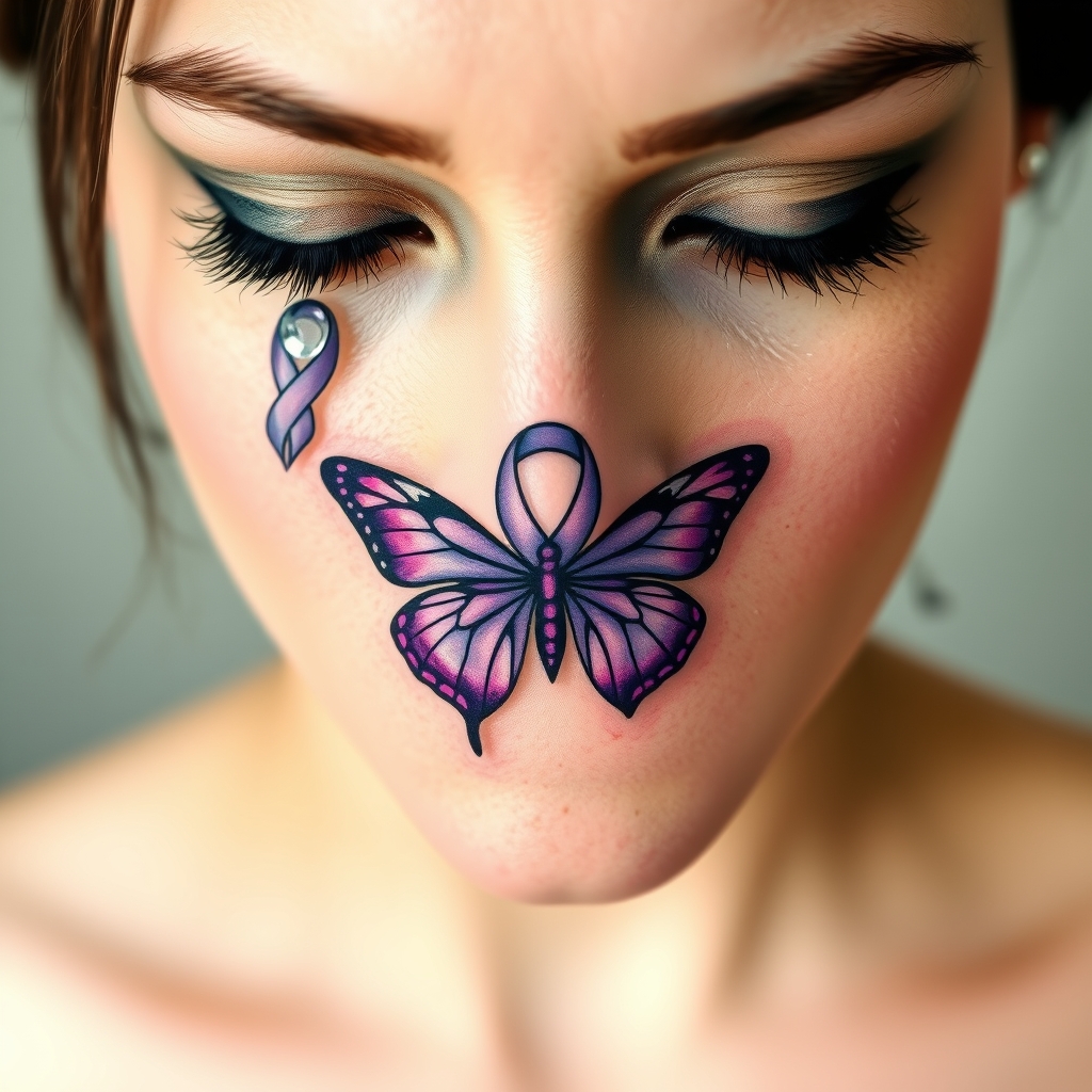 A tattoo design of A tear running down a woman's face with a domestic violence ribbon and a purple butterfly entwined together in the style of minimalist. - domestic violence awareness tattoo design generated by AI tattoo generator