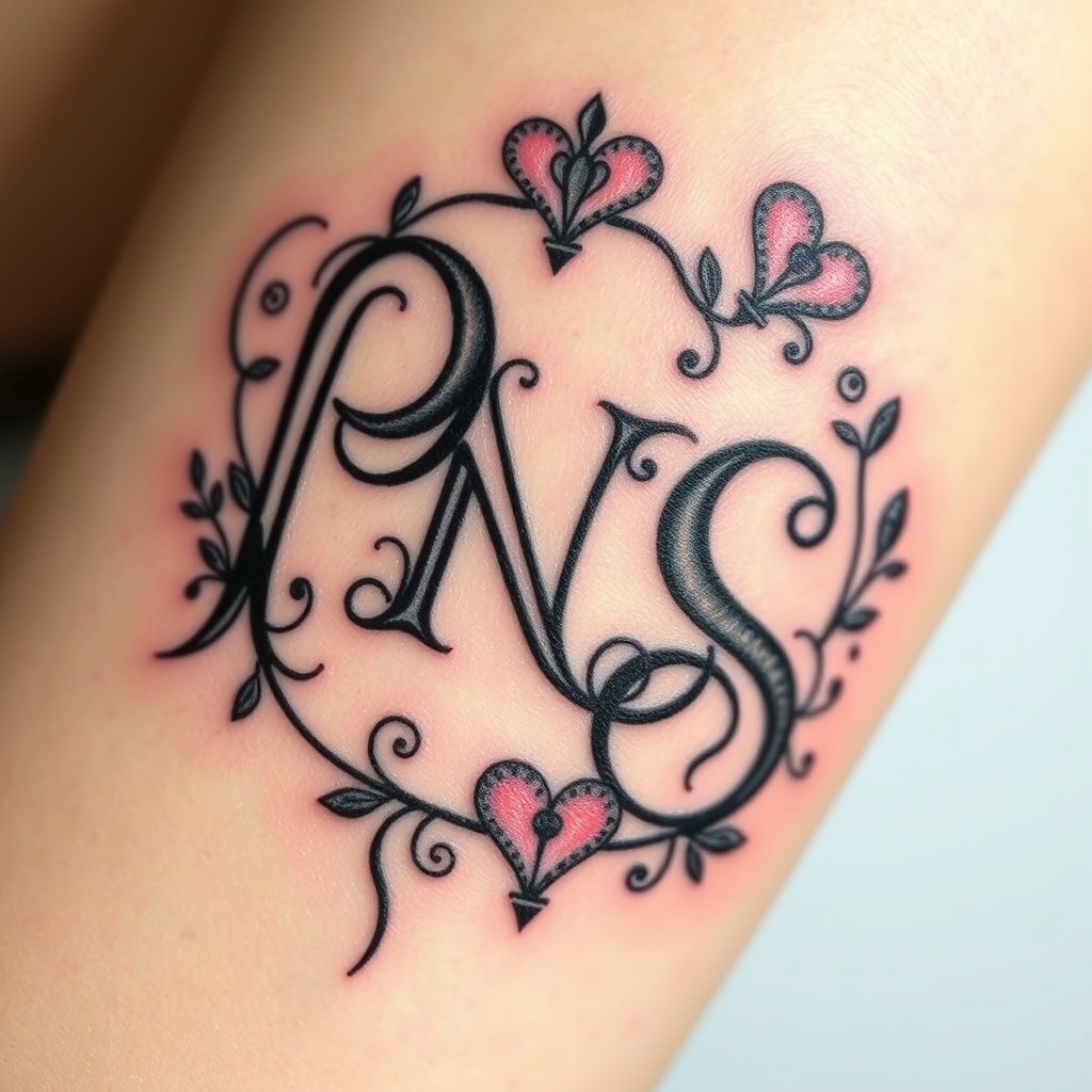 A tattoo design of Create a beautiful memory tattoo merging P,N,S letters in the style of surrealistic. - monogram tattoo tattoo design generated by AI tattoo generator