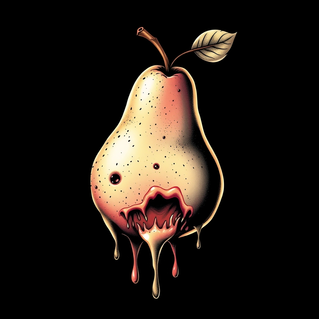 A tattoo design of Gruesome pear dripping with ooze that is diseased in the style of realistic. - fruit tattoo design generated by AI tattoo generator
