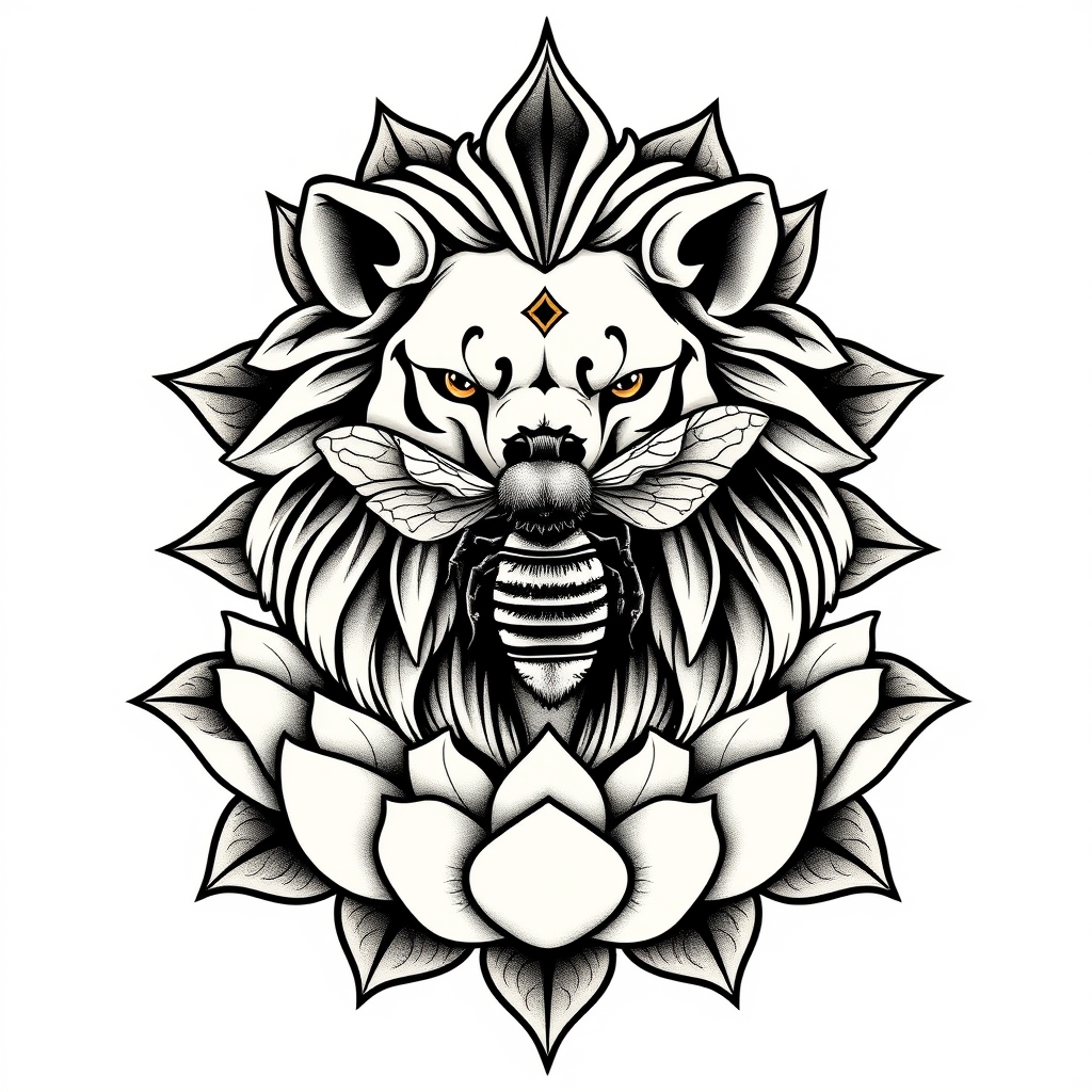 A tattoo design of Lion bee moon lotus in the style of realistic. - animals plants tattoo design generated by AI tattoo generator