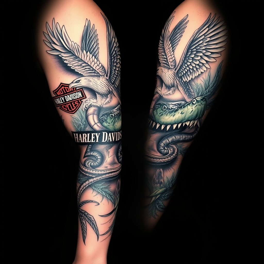 A tattoo design of Right arm full sleeve with Harley Davidson theme with eagles mixed with Florida swamp theme with american alligator having python in its mouth in the style of realistic. - motorcycles and wildlife tattoo design generated by AI tattoo generator