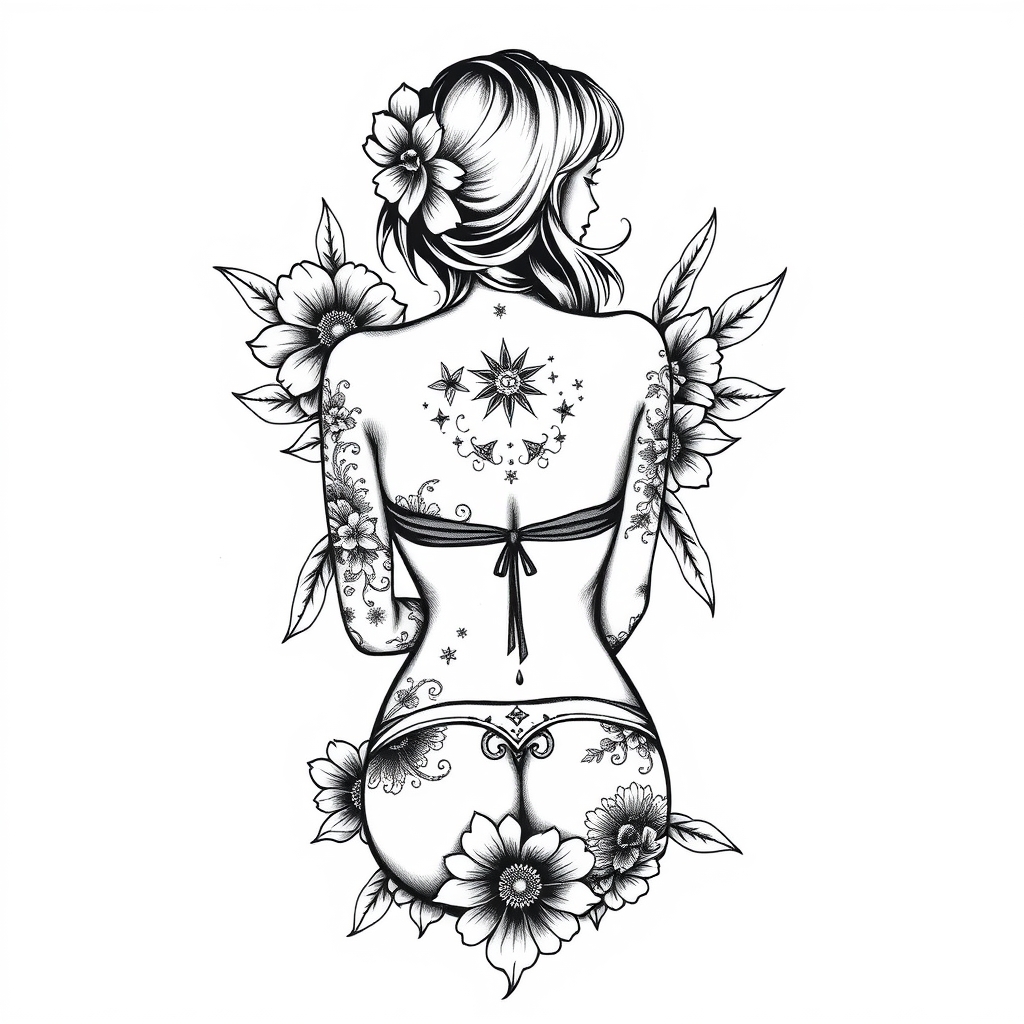 A tattoo design of bikini back girl vintage tattoo on white background in the style of blackwork. - pin up girl tattoo design generated by AI tattoo generator
